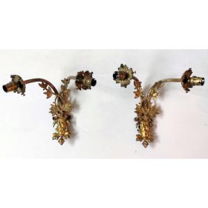 Pair Of Double 4-arm Louis XV Style Bronze Wall Sconces, 19th Century