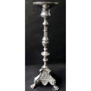 Church Candelabre Pique Cierge Bronze Argente XIXè Style Louis XV Base Tripode Pieds Griffes