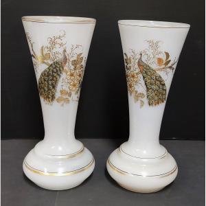 Pair Opaline Vase White Decor Peacock Emaille Epoque Napoleon III XIXth