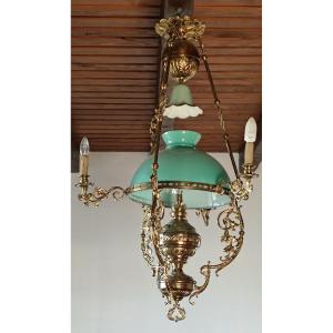 Large Chandelier Suspension 4 Lights Opaline Green Mount Bronze Dore XIXth Napoleon III