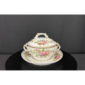Antique Covered Gravy Boat With Stand, Paris Porcelain, 19th Century