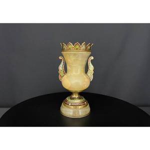 Vase In Green Onyx And Bronze With Cloisonné Enamels