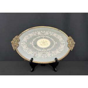 Oval Tray In Gilt Bronze And Lace Under Glass