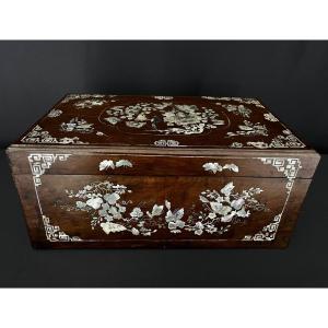 Large Antique Asian Wooden Box Inlaid With Mother-of-pearl