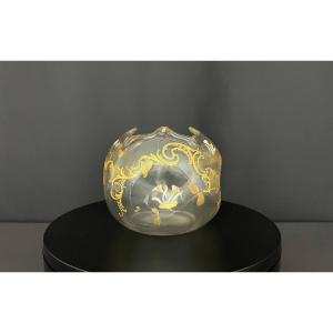 Antique Ball-shaped Vase In Enameled And Gilded Glass, Floral Decoration, Circa 1900