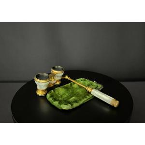 Antique Mother-of-pearl And Gilt Brass Opera Glasses With Handle, In Their Original Case