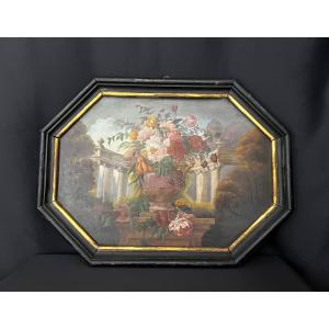 Decorative Painting With Flowers, Oil On Panel, Neoclassical Style