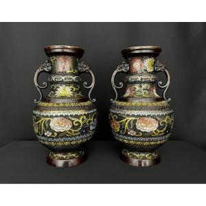 Pair Of Chinese Cloisonné Enamel Vases, Floral Decoration, Late 19th – Early 20th Century