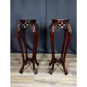 Pair Of Chinese Side Tables In Carved Wood And Marble