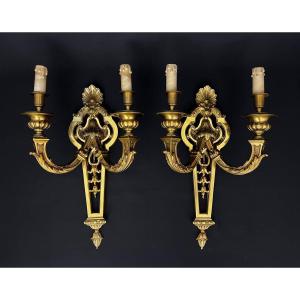 Large Pair Of Louis XVI Style Gilt Bronze Wall Sconces