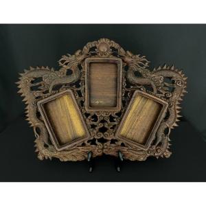 Large Wooden Frame Carved With Dragons, Asian Style, Late 19th - Early 20th Century