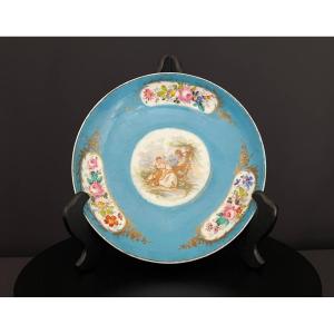 French Porcelain Plate With Turquoise Background, Floral Decoration And Gallant Scene, 19th Century