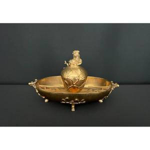 Japanese-style Bronze Inkwell Decorated With Plants And A Fô Dog