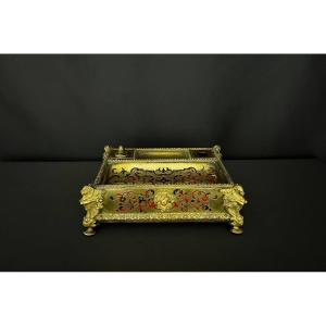 Antique Inkwell In Boulle Marquetry, Red-tinted Tortoiseshell And Brass, Napoleon III