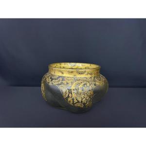 Large Frosted Glass Vase With Gilded Relief Decoration, Attributed To Montjoye