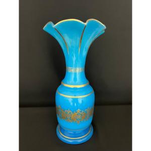 Blue Opaline Glass Vase With Gilded Decoration, Napoleon III Period