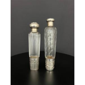 Two Travel Bottles Labeled “eau De Mélisse,” Made Of Cut Crystal And Solid Silver By Minerve