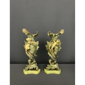 Pair Of Art Nouveau Casserole Dishes Featuring Cherubs