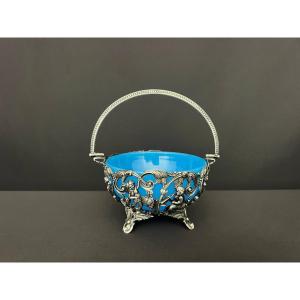 Silver-plated Metal Basket With Opal Blue Glass And Putti Decoration