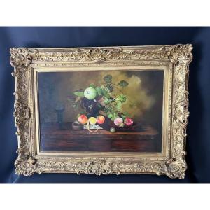 Still Life With Fruit And Flowers – Oil On Panel