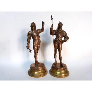 Bronze Sculpture Auguste Louis Lalouette 19th Pair Men At Arms