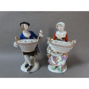 Rare Pair Of Swiss Nyon Porcelain Subjects 18th Century Bouquetières Couple