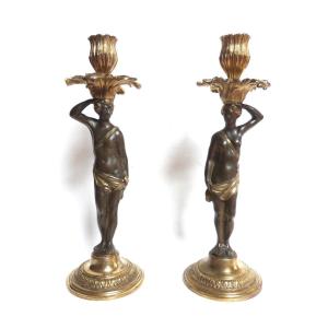 Pair Of Flambeau Candlesticks In Gilt Bronze Transition 
