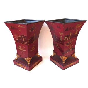 Pair Of Painted Metal Planter Vases With Chinese Decor