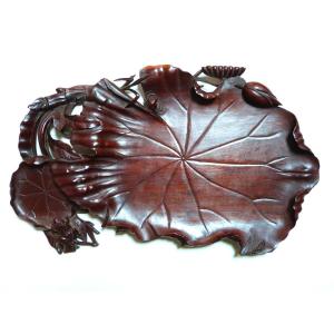 Carved Wood Tray Vietnam 19th Century Lotus Leaf And Frog 
