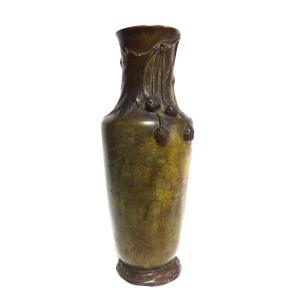 Albert Marionnet Art Nouveau Vase In Bronze Rare Plane Tree Decor Green Patina