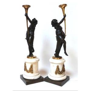 Pair Of Bronze Candelabra Candlesticks, Louis XVI Period, Antique Draped Women