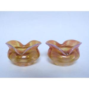 Pair Of Iridescent Opaline Crystal Salt Cellars From Pantin, 19th Century 