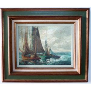 Pierre Bogdanoff Oil On Panel Brittany Marine Douarnenez Sailboats