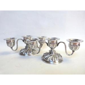 Pair Of Silver Metal End Table Candlesticks