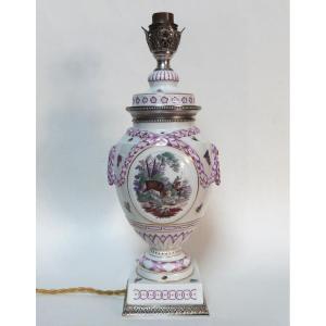 Paris Or Sèvres Porcelain Lamp And Solid Silver Risler And Square Decor Hunting And Butterflies