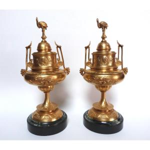 Pair Of Gilt Bronze Cassolettes And Marble Bases, Napoleon III Period