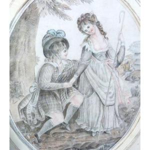 Drawing Of A Gallant Country Scene In Original And Period Frame From The End Of The 18th Century Curiosa