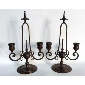 Barbedienne Pair Of Bronze Candlesticks With Medal Patina