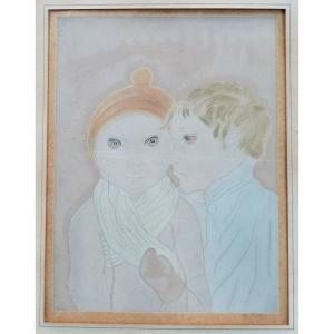 Foujita Two Children Print From 1929 Artist Proof Signed In The Plate 