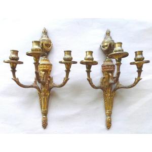 Pair Of 3-light Gilt Bronze Wall Lights In Louis XVI Style, First Half Of The 19th Century