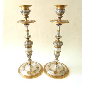 Pair Of Candlesticks And Two-tone Gilded And Silvered Bronze, 19th Century