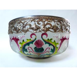 Art Nouveau Glass Bowl With Acid-etched And Enamelled Decoration, Gilded Metal Frame