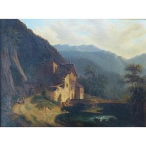 Mountain Landscape Oil On Canvas 19th Century