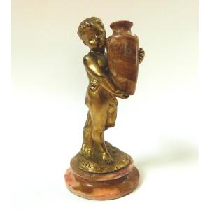 Louis Kley Sculpture In Gilt Bronze And Marble, Late 19th Century, Depicting A Child With A Vase