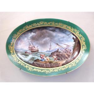 Large Sèvres Porcelain Platter From 1848, Decorated After Joseph Vernet 
