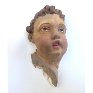 Head Of A Cherub In Polychrome Plaster, Antique Altarpiece From The 19th Century 