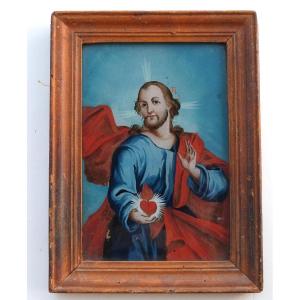 Sacred Heart Of Jesus, Fixed Under Glass, Early 19th Century 