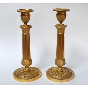 Pair Of Mercury-gilt Bronze Candlesticks From Early Restoration Period 