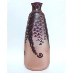 E.val & Cie - Daum Art Deco Vase In Acid-etched And Enameled Glass 