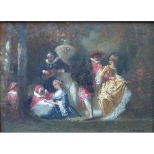 Louis Devedeux Gallant Scene In The Style Of Watteau, Mid-19th Century 